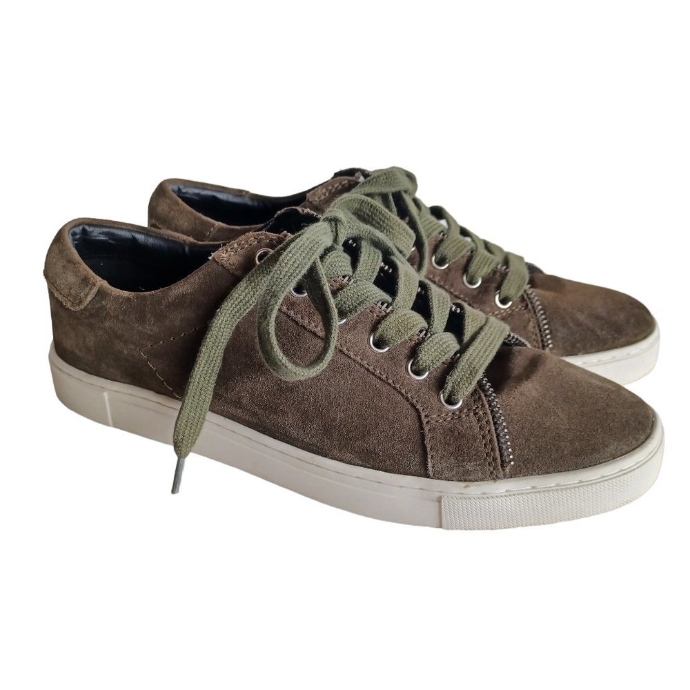 Frye and Co Sneakers Womens US 8M Sindy Moto Low Top Green Suede Zipper Detail